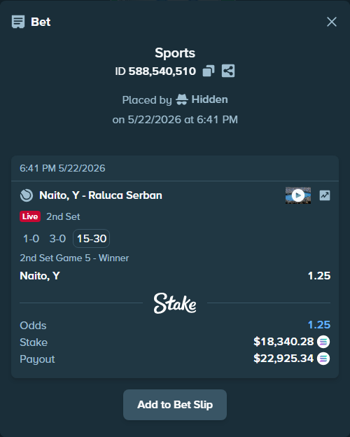 Bet slip: Naito, Y - Raluca Serban, $15,469.67 stake at 1.25 odds, placed by Hidden