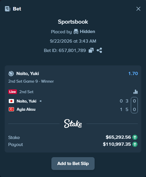 Bet slip: Naito, Yuki - Ayla Aksu, $65,292.56 stake at 1.70 odds, placed by Hidden