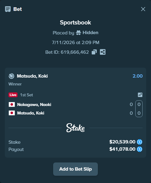 Bet slip: Nakagawa, Naoki - Matsuda, Koki, $20,539.00 stake at 2.00 odds, placed by Hidden