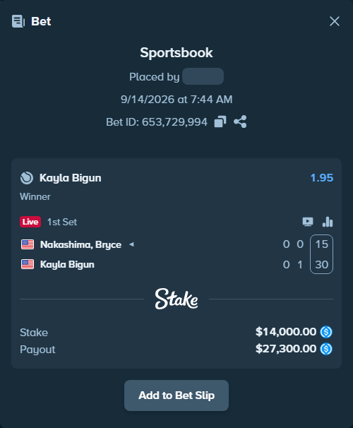 Bet slip: Nakashima, Bryce Nakashima - Kayla Bigun, $14,000.00 stake at 1.95 odds, placed by kuwkuw