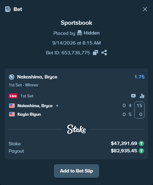 Bet slip: Nakashima, Bryce Nakashima - Kayla Bigun, $47,391.69 stake at 1.75 odds, placed by Hidden