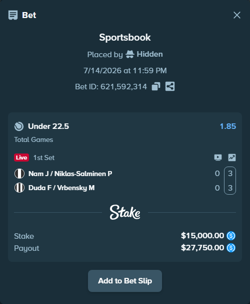 Bet slip: Nam J / Niklas-Salminen P - Duda F / Vrbensky M, $15,000.00 stake at 1.85 odds, placed by Hidden