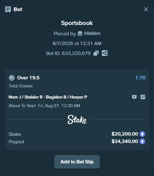 Bet slip: Nam J / Stalder R - Bayldon B / Harper P, $20,122.10 stake at 1.70 odds, placed by Hidden
