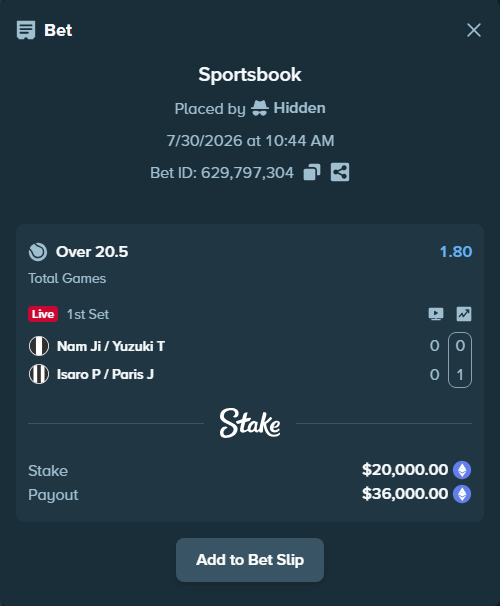 Bet slip: Nam J / Yuzuki T - Isaro P / Paris J, $20,033.22 stake at 1.80 odds, placed by Hidden