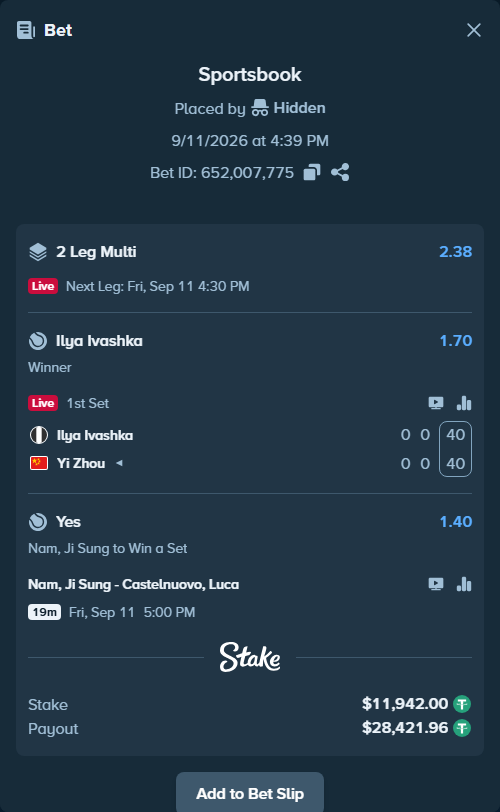 Bet slip: Nam, Ji Sung - Castelnuovo, Luca, $11,942.00 stake at 1.40 odds, placed by Hidden