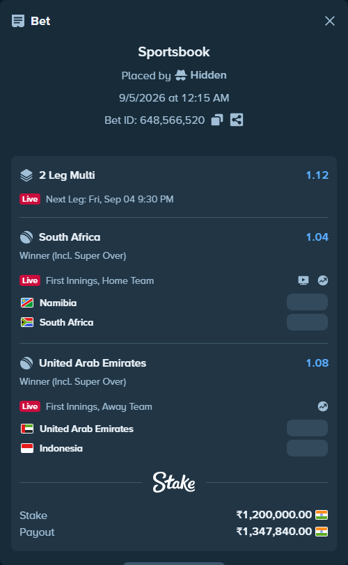 Bet slip: Namibia - South Africa, $14,400.00 stake at 1.04 odds, placed by Hidden