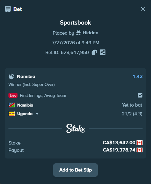Bet slip: Namibia - Uganda, $10,098.78 stake at 1.42 odds, placed by Hidden