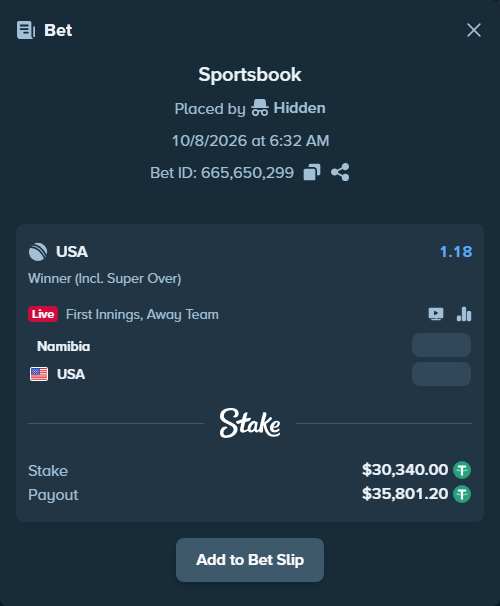 Bet slip: Namibia - USA, $30,336.97 stake at 1.18 odds, placed by Hidden