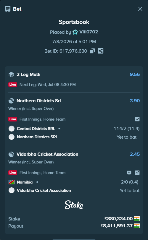 Bet slip: Namibia - Vidarbha Cricket Association, $10,564.01 stake at 2.45 odds, placed by Viti0702