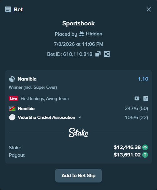 Bet slip: Namibia - Vidarbha Cricket Association, $12,458.83 stake at 1.10 odds, placed by Hidden