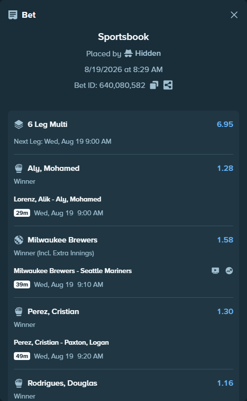 Bet slip: Namo Fazil - Brito, Kaik, $10,004.99 stake at 1.53 odds, placed by Hidden