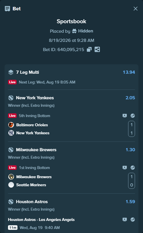 Bet slip: Namo Fazil - Brito, Kaik, $10,006.00 stake at 1.48 odds, placed by Hidden