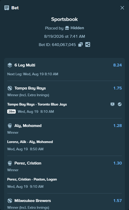 Bet slip: Namo Fazil - Brito, Kaik, $10,011.75 stake at 1.54 odds, placed by Hidden