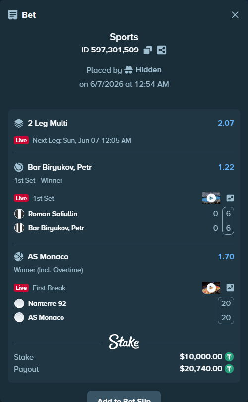 Bet slip: Nanterre 92 - AS Monaco, $10,000.00 stake at 1.70 odds, placed by Hidden