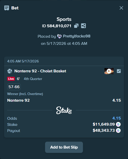 Bet slip: Nanterre 92 - Cholet Basket, $9,829.56 stake at 4.15 odds, placed by Prettylfacko98