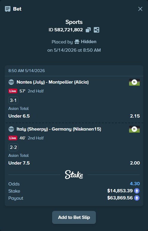 Bet slip: Nantes (July) - Montpellier (Alicia), $11,400.50 stake at 2.15 odds, placed by Hidden