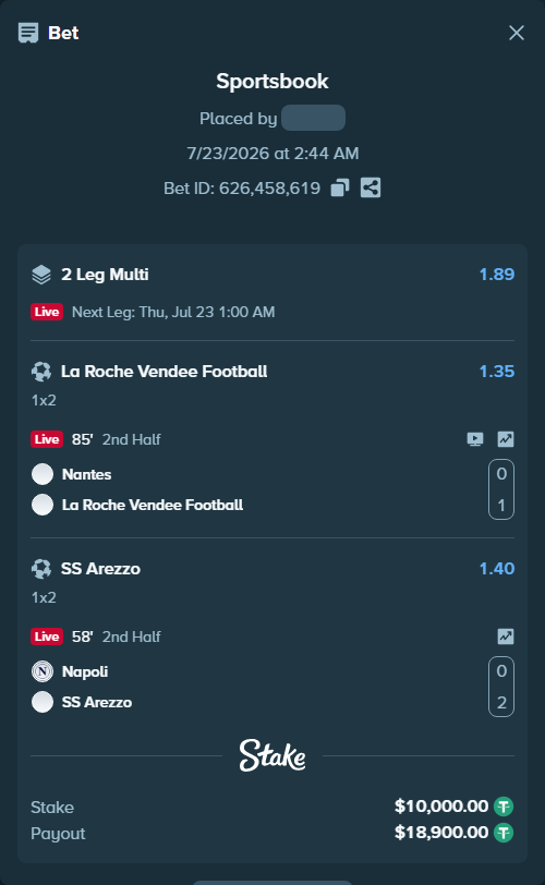 Bet slip: Nantes - La Roche Vendee Football, $10,000.00 stake at 1.35 odds, placed by Jeanmarie2341