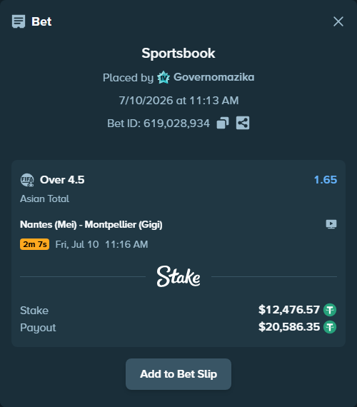 Bet slip: Nantes (Mei) - Montpellier (Gigi), $12,489.05 stake at 1.65 odds, placed by Governomazika