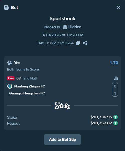 Bet slip: Nantong Zhiyun - Guangxi Hengchen FC, $10,747.69 stake at 1.70 odds, placed by Hidden