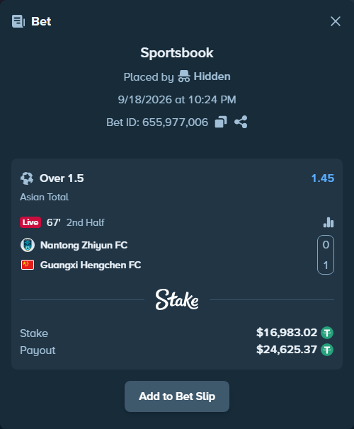 Bet slip: Nantong Zhiyun - Guangxi Hengchen FC, $17,000.00 stake at 1.45 odds, placed by Hidden