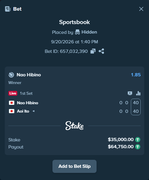 Bet slip: Nao Hibino - Aoi Ito, $35,000.00 stake at 1.85 odds, placed by Hidden