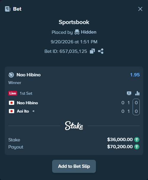 Bet slip: Nao Hibino - Aoi Ito, $36,000.00 stake at 1.95 odds, placed by Hidden