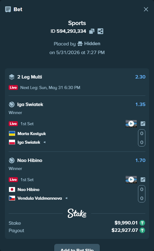 Bet slip: Nao Hibino - Vendula Valdmannova, $10,000.00 stake at 1.70 odds, placed by Hidden