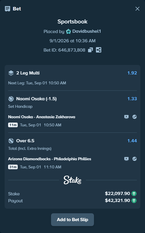 Bet slip: Naomi Osaka - Anastasia Zakharova, $22,097.90 stake at 1.33 odds, placed by Davidbushel1