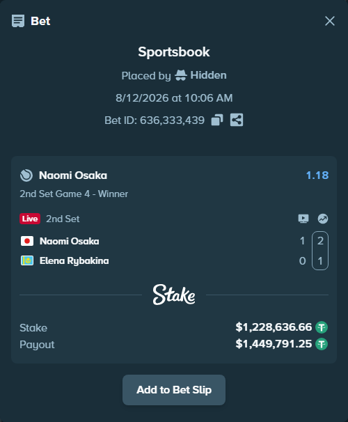 Bet slip: Naomi Osaka - Elena Rybakina, $1,229,865.29 stake at 1.18 odds, placed by Hidden