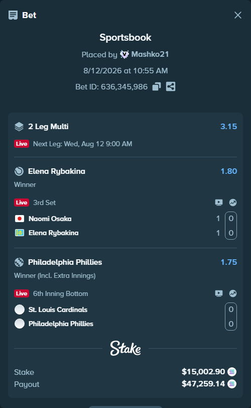 Bet slip: Naomi Osaka - Elena Rybakina, $15,004.35 stake at 1.80 odds, placed by Mashko21