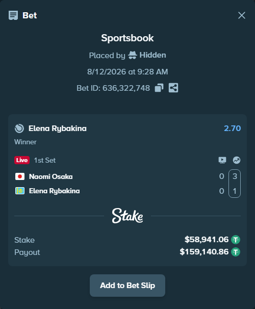 Bet slip: Naomi Osaka - Elena Rybakina, $59,000.00 stake at 2.70 odds, placed by Hidden
