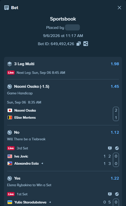 Bet slip: Naomi Osaka - Elise Mertens, $17,000.00 stake at 1.45 odds, placed by milandoncic