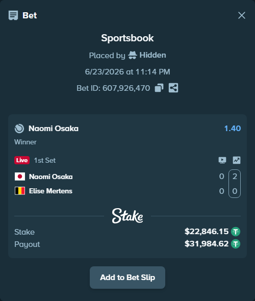 Bet slip: Naomi Osaka - Elise Mertens, $22,869.00 stake at 1.40 odds, placed by wills888
