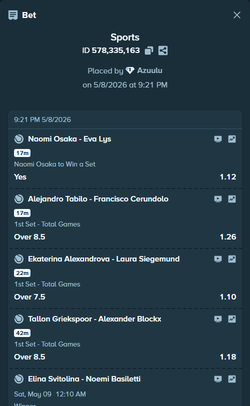 Bet slip: Naomi Osaka - Eva Lys, $108,618.37 stake at 1.12 odds, placed by Azuulu