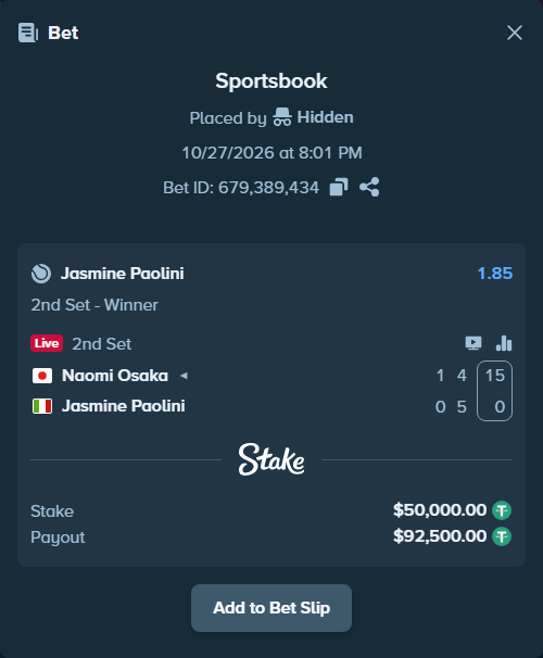 Bet slip: Naomi Osaka - Jasmine Paolini, $50,100.00 stake at 1.85 odds, placed by Hidden