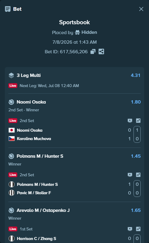 Bet slip: Naomi Osaka - Karolina Muchova, $10,000.00 stake at 1.80 odds, placed by Hidden