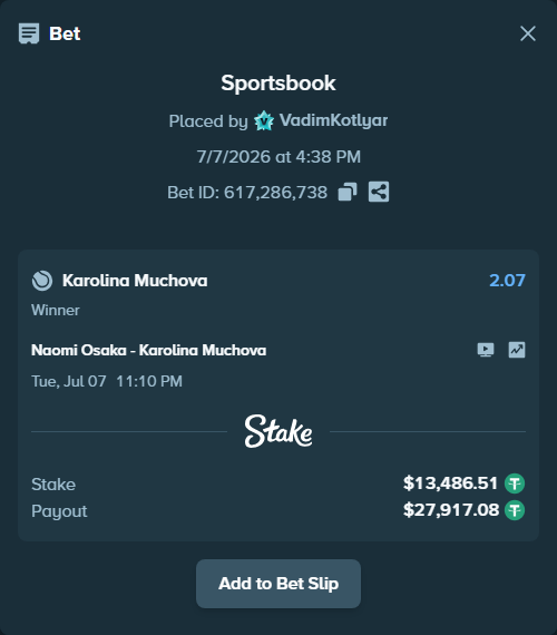 Bet slip: Naomi Osaka - Karolina Muchova, $13,500.00 stake at 2.07 odds, placed by VadimKotlyar
