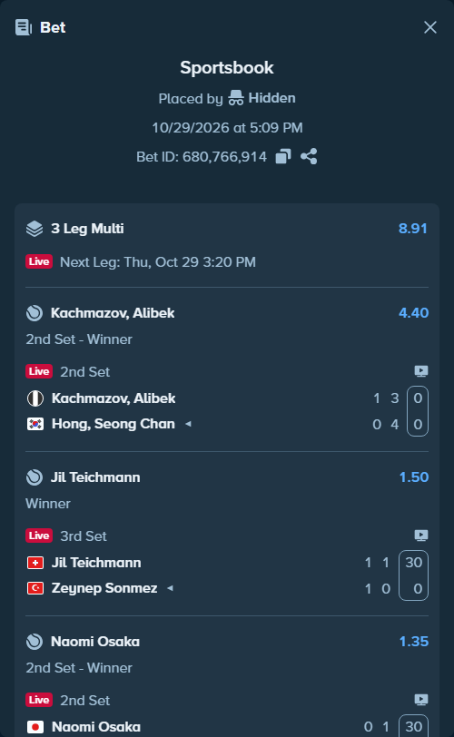 Bet slip: Naomi Osaka - Mia Pohankova, $10,000.00 stake at 1.35 odds, placed by Hidden