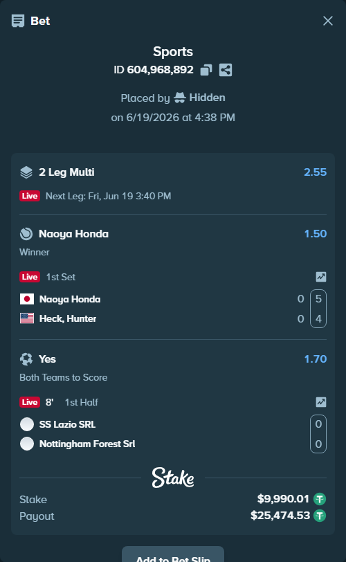 Bet slip: Naoya Honda - Heck, Hunter, $10,000.00 stake at 1.50 odds, placed by Hidden