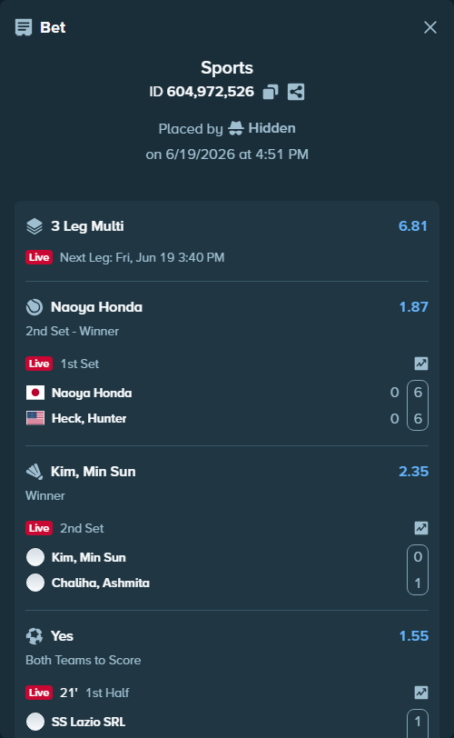 Bet slip: Naoya Honda - Heck, Hunter, $10,000.00 stake at 1.87 odds, placed by Hidden