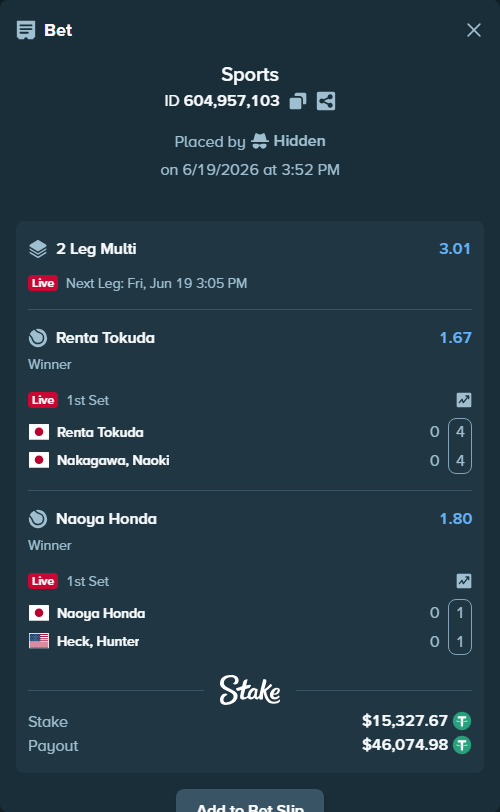 Bet slip: Naoya Honda - Heck, Hunter, $15,343.00 stake at 1.80 odds, placed by Hidden