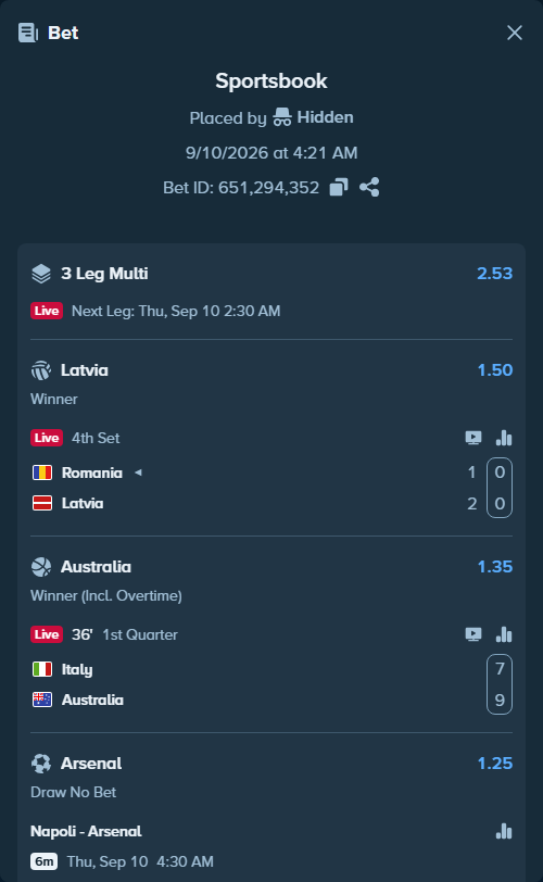 Bet slip: Napoli - Arsenal, $16,827.23 stake at 1.25 odds, placed by Hidden