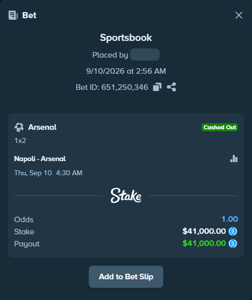 Bet slip: Napoli - Arsenal, $41,000.00 stake at 1.63 odds, placed by bappuji668