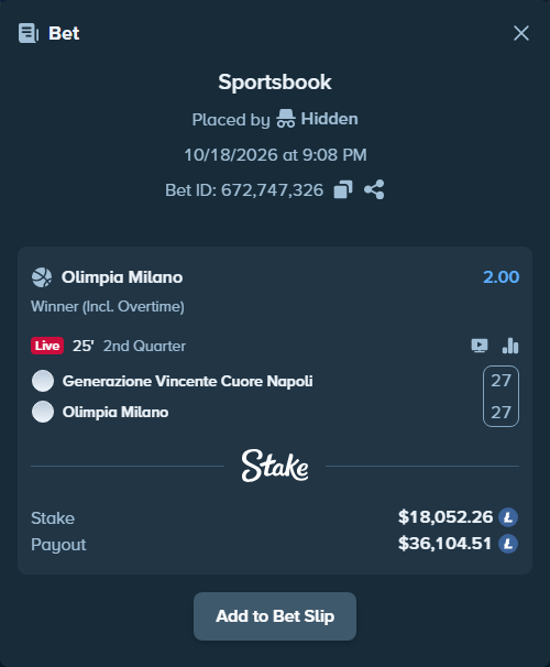 Bet slip: Napoli Basket - Olimpia Milano, $17,601.60 stake at 2.00 odds, placed by Hidden