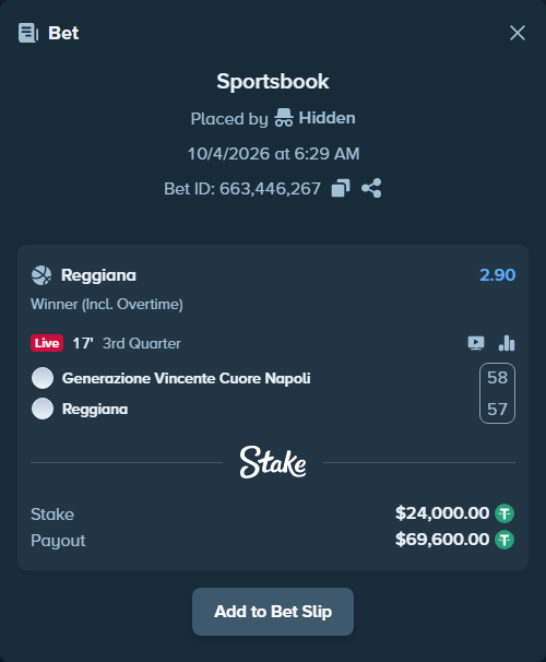 Bet slip: Napoli Basket - Pallacanestro Reggiana, $24,000.00 stake at 2.90 odds, placed by Hidden