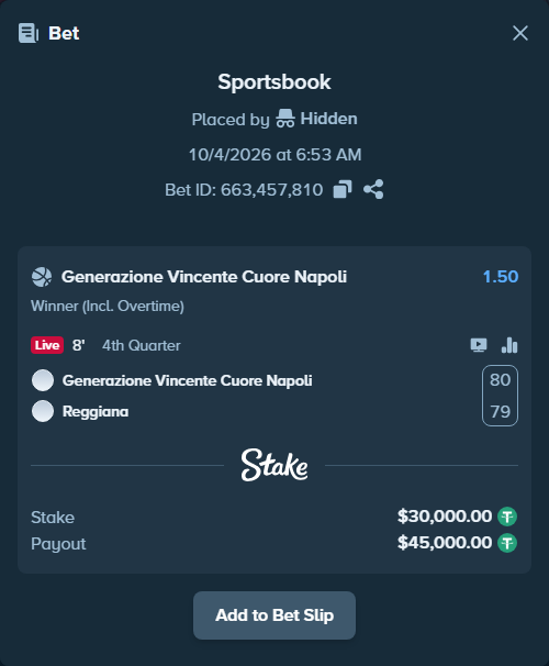 Bet slip: Napoli Basket - Pallacanestro Reggiana, $30,000.00 stake at 1.50 odds, placed by Hidden