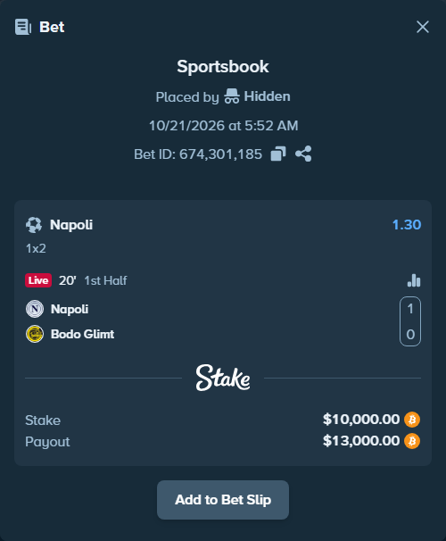 Bet slip: Napoli - Bodo Glimt, $10,039.39 stake at 1.30 odds, placed by Hallfkh
