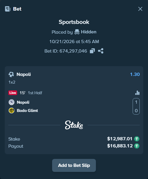 Bet slip: Napoli - Bodo Glimt, $13,000.00 stake at 1.30 odds, placed by Hidden