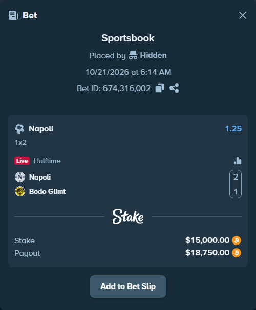 Bet slip: Napoli - Bodo Glimt, $15,083.92 stake at 1.25 odds, placed by Hallfkh