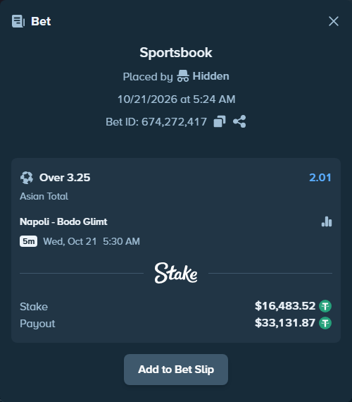 Bet slip: Napoli - Bodo Glimt, $16,500.00 stake at 2.01 odds, placed by Hidden